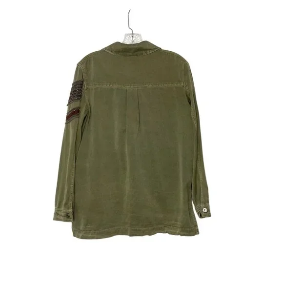 Free People Embellished Military Shirt Jacket Army Green Herringbone Jacket XS - Picture 2 of 8